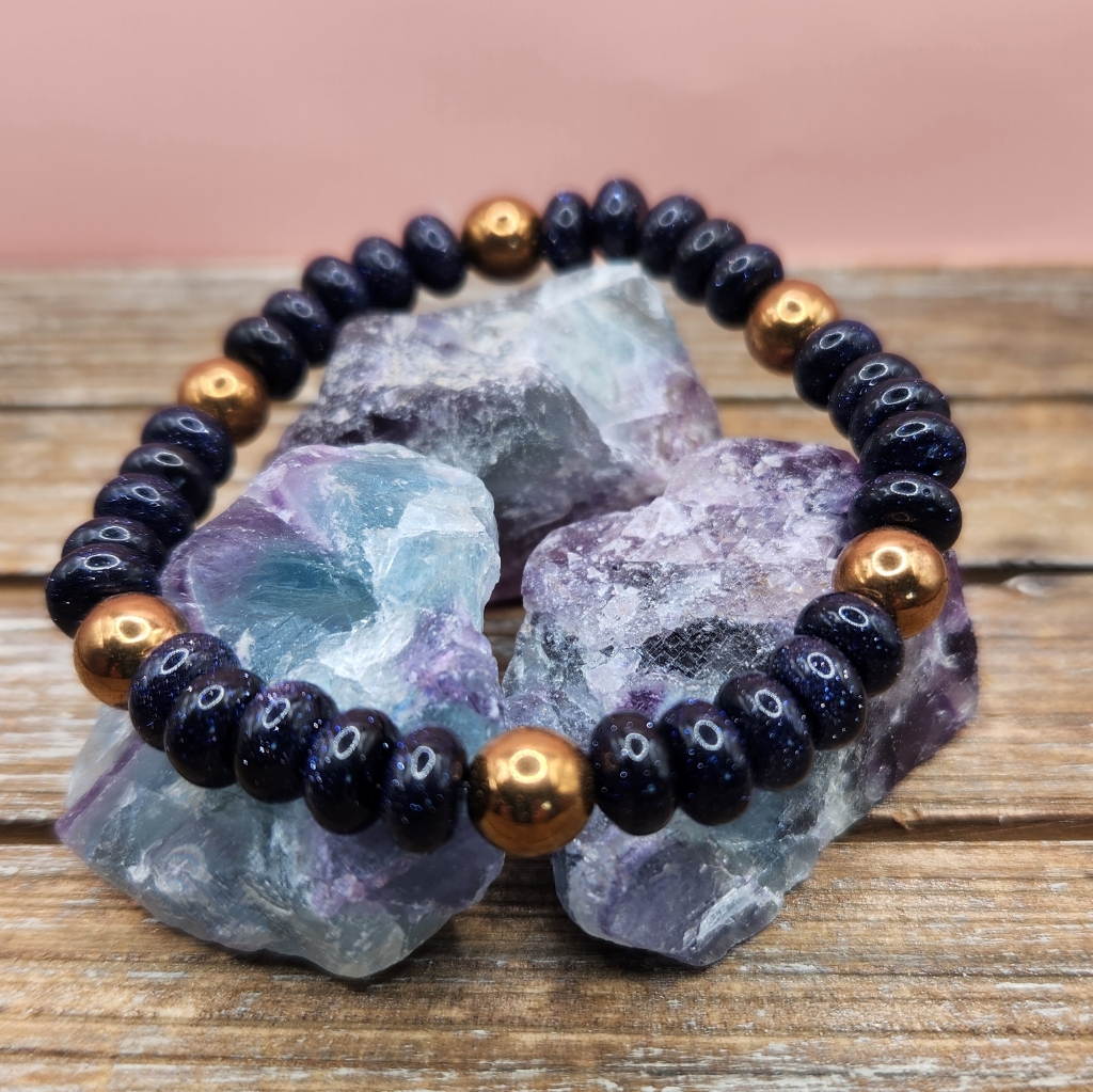 Blue Goldstone And Copper Hematite Beaded Bracelet 22$